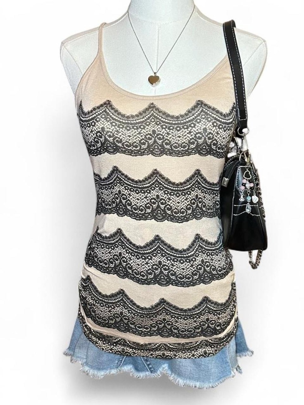 Y2K Wet Seal Tan and Black Lace Cami Boho Festival Indie Sleaze